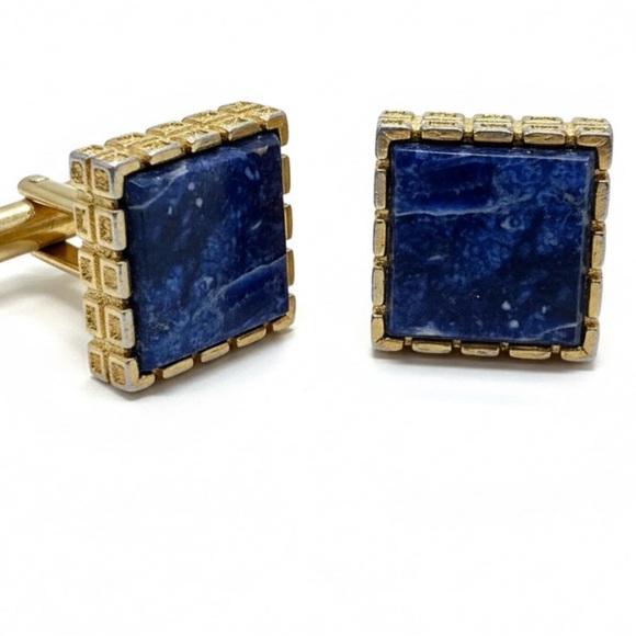 Vintage Lapis Lazuli Gold Tone Cufflinks Square Blue Stone Mid Century Modern